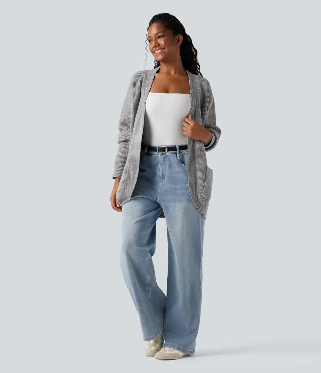 Öppen front långärmad vardaglig cardigan med fickor