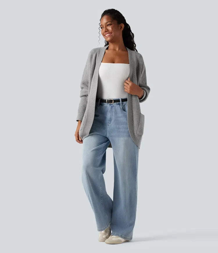 Öppen front långärmad vardaglig cardigan med fickor