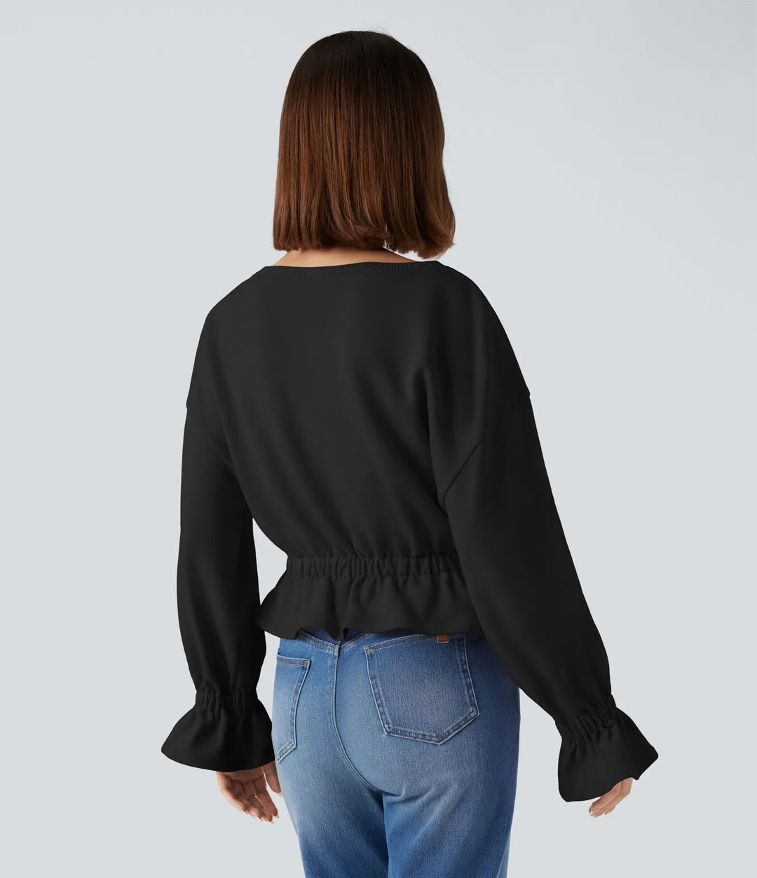 Rund hals långärmad volangfåll vardaglig bomull sweatshirt