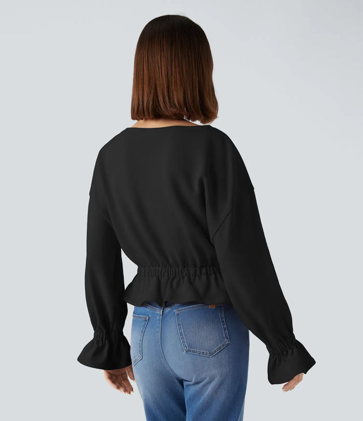 Rund hals långärmad volangfåll vardaglig bomull sweatshirt