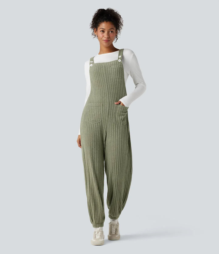Ribbstickad justerbara axelband vardaglig joggers overall med fickor