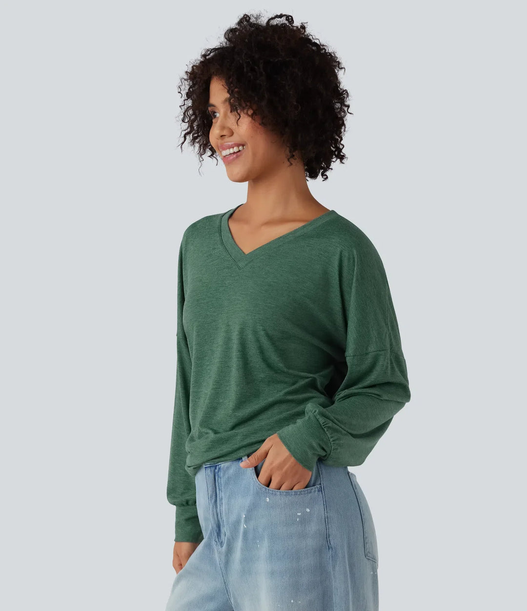 V-ringad långärmad rynkat avslappnad vardaglig T-shirt