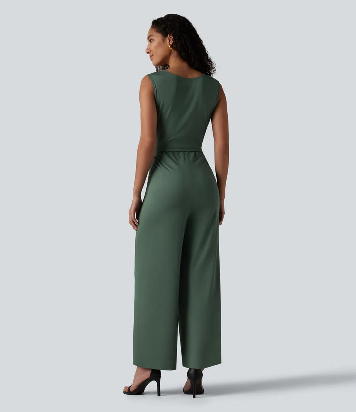 Rund hals ärmlös crossover Waist arbete raka ben jumpsuit med fickor-Easy Peezy