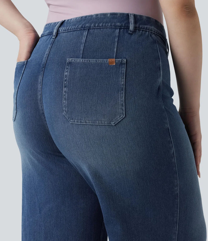 Lyckera Flex plusstorlek högmidjad magkontroll vida ben vardagsjeans med fickor