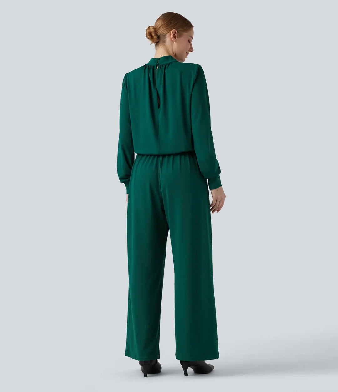 Halvpolo nyckelhålsrygg långärmad vida ben arbetsjumpsuit med fickor