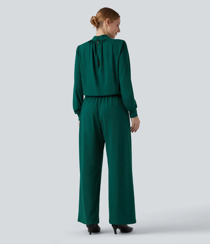 Halvpolo nyckelhålsrygg långärmad vida ben arbetsjumpsuit med fickor