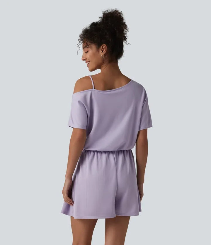 Enaxlad kortärmad plisserad våffelstruktur playsuit för vardag med fickor – Easy Peezy-utgåva