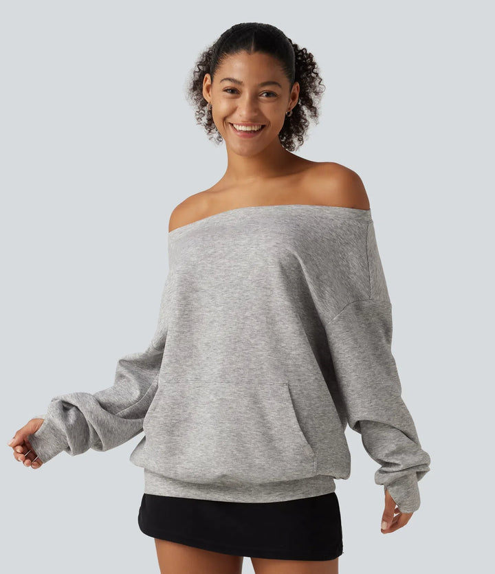 Enaxlad långärmad pullover vardaglig sweatshirt med ficka och tumhål