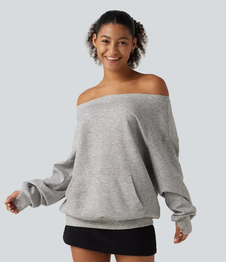Enaxlad långärmad pullover vardaglig sweatshirt med ficka och tumhål