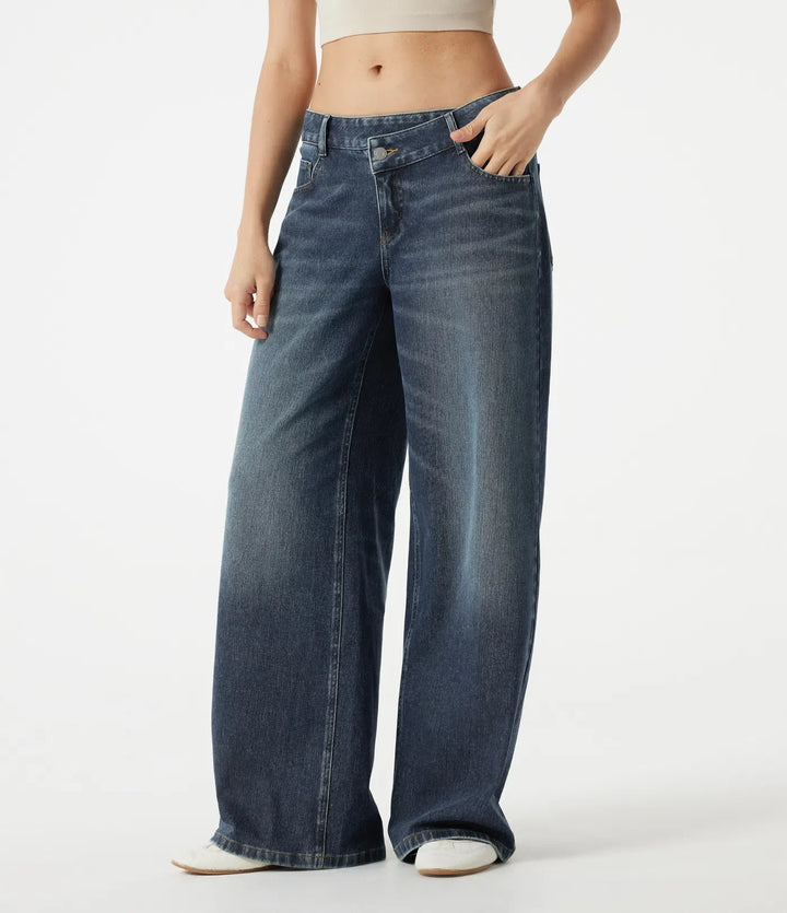 Lyckera Flex asymmetrisk låg midja baggy tvättad vardagsjeans med fickor