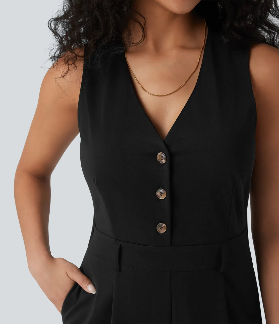 V-ringad ärmlös vardaglig väst jumpsuit med fickor-Easy Peezy