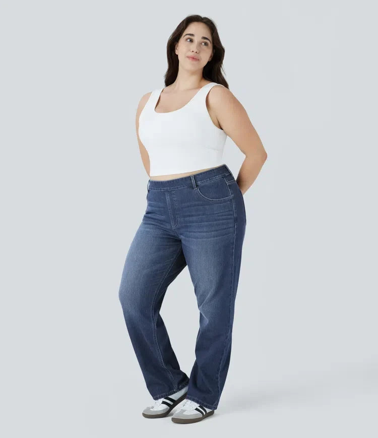 Halara Flex med hög midja och fickor raka ben tvättad vardagsjeans i plusstorlek