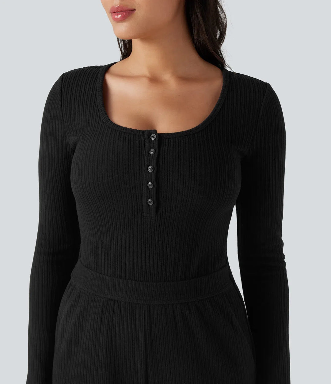 Ribbad henley långärmad vardaglig jumpsuit med fickor-Easy Peezy