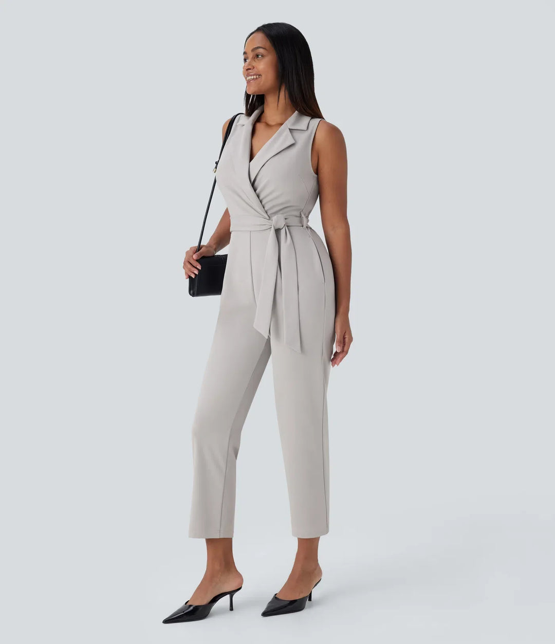 Ärmlös fickor bältad avsmalnande arbetsjumpsuit