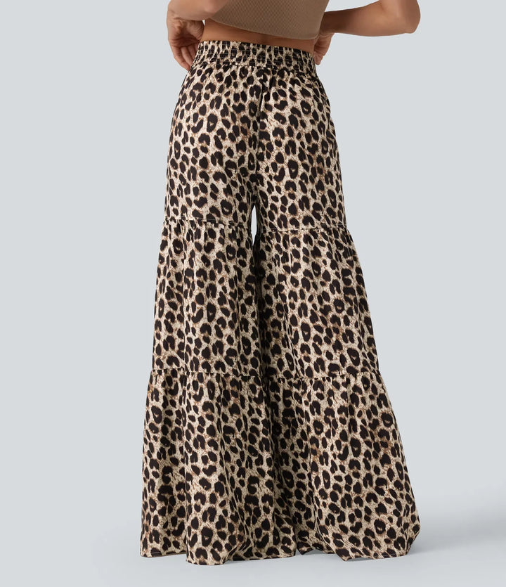 Medelhög midja knytning fram baggy leopardmönster vardagsbyxor med fickor