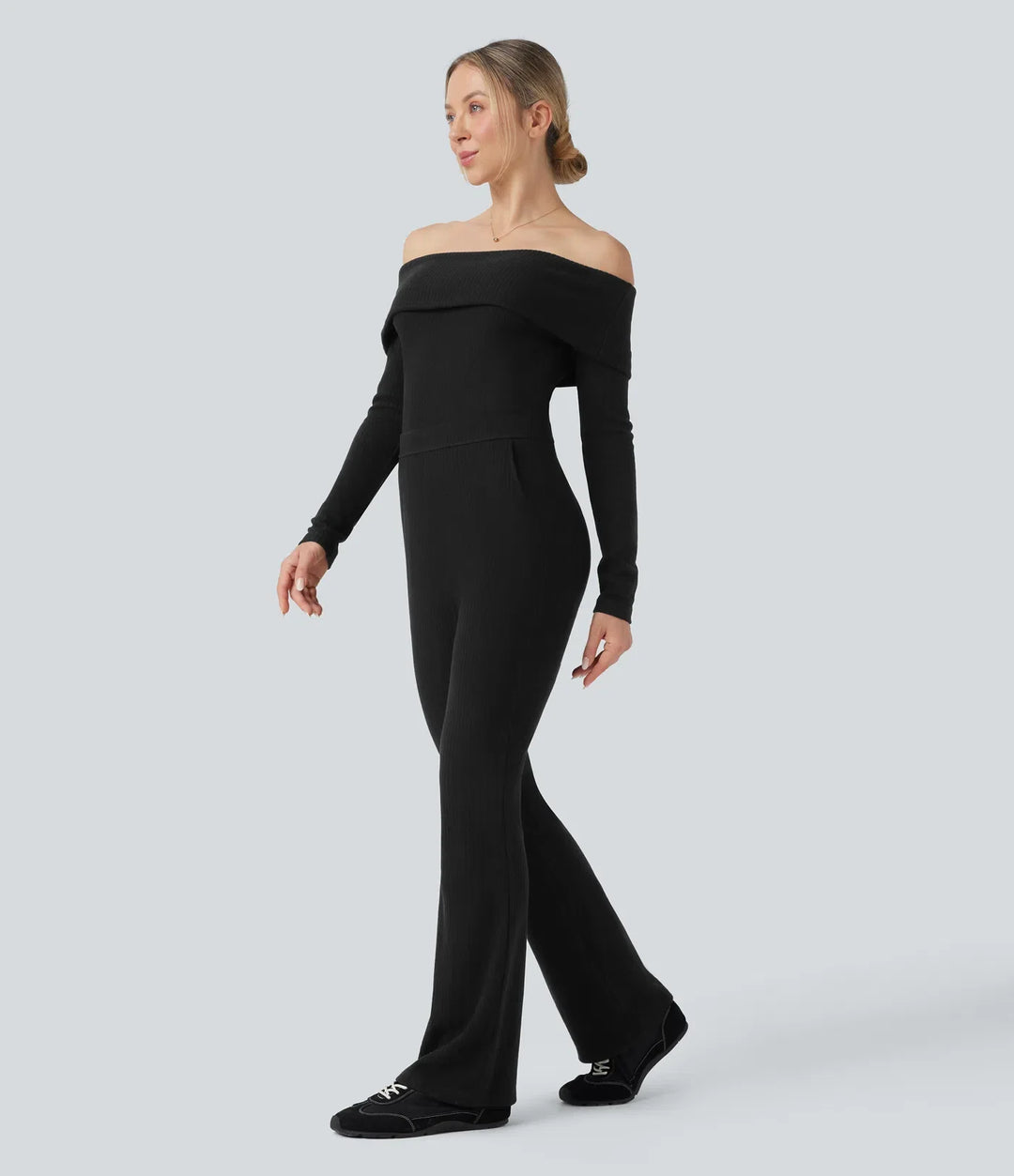Ribbstickad vikbar bara axlar långärmad bootcut vardaglig jumpsuit med fickor-Easy Peezy Edition