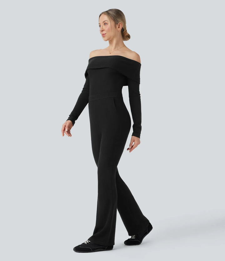 Ribbstickad vikbar bara axlar långärmad bootcut vardaglig jumpsuit med fickor-Easy Peezy Edition