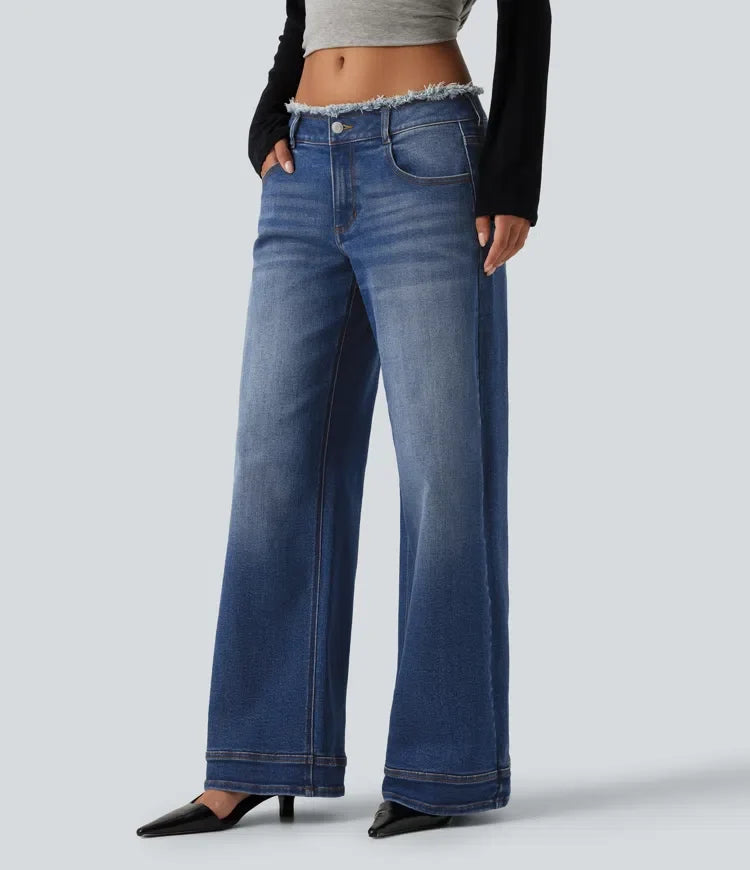 Med låg midja rå fåll vida ben vardagsjeans med fickor