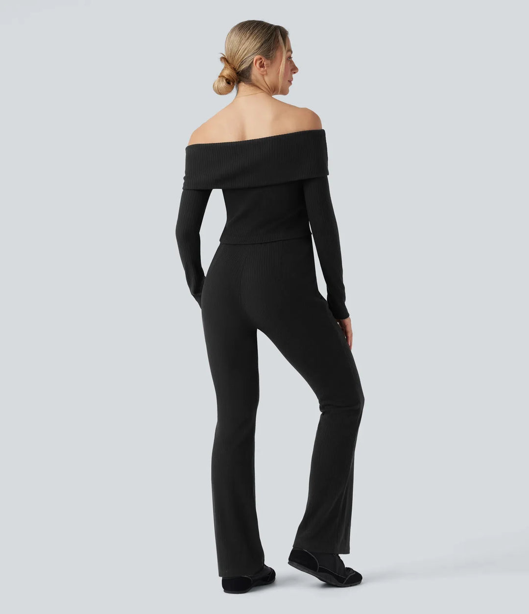 Ribbstickad vikbar bara axlar långärmad bootcut vardaglig jumpsuit med fickor-Easy Peezy Edition