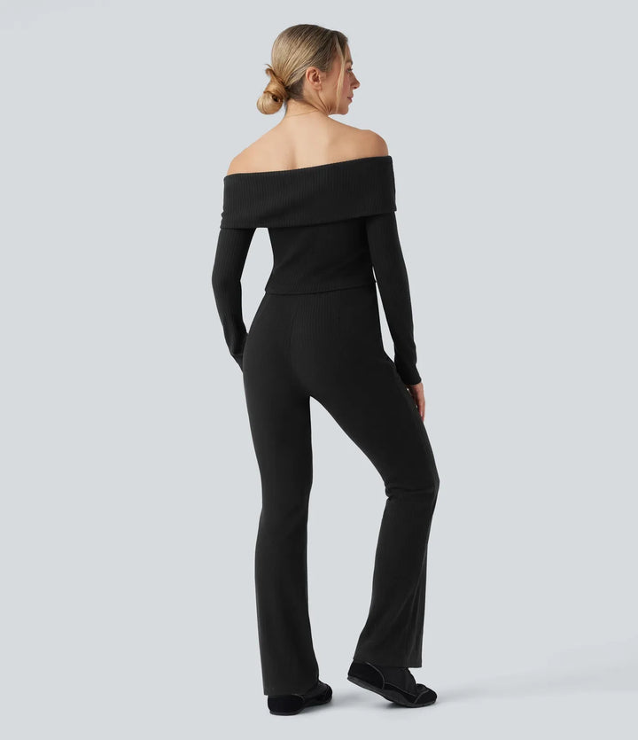 Ribbstickad vikbar bara axlar långärmad bootcut vardaglig jumpsuit med fickor-Easy Peezy Edition