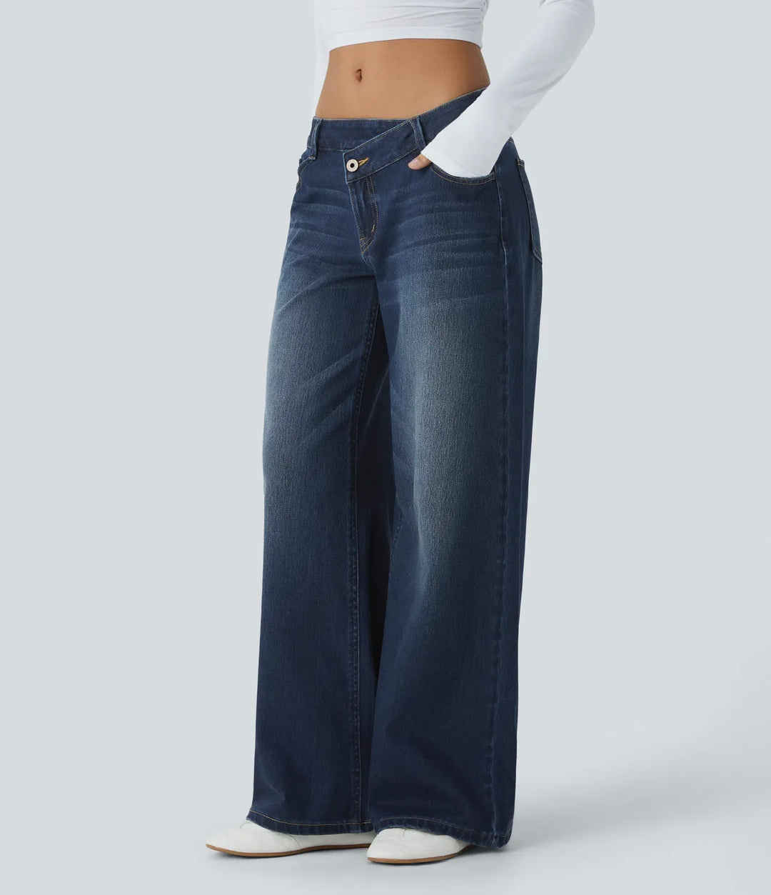 Halara Flex asymmetrisk med låg midja dragkedja fickor baggy vida ben tvättad vardagsjeans