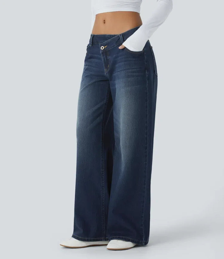 Halara Flex asymmetrisk med låg midja dragkedja fickor baggy vida ben tvättad vardagsjeans