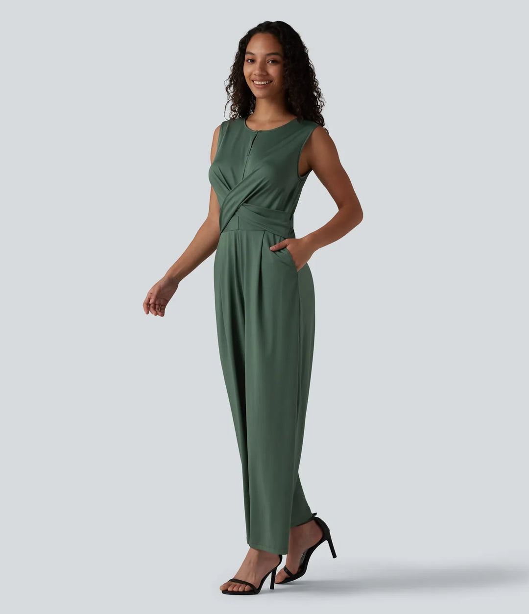 Rund hals ärmlös crossover Waist arbete raka ben jumpsuit med fickor-Easy Peezy