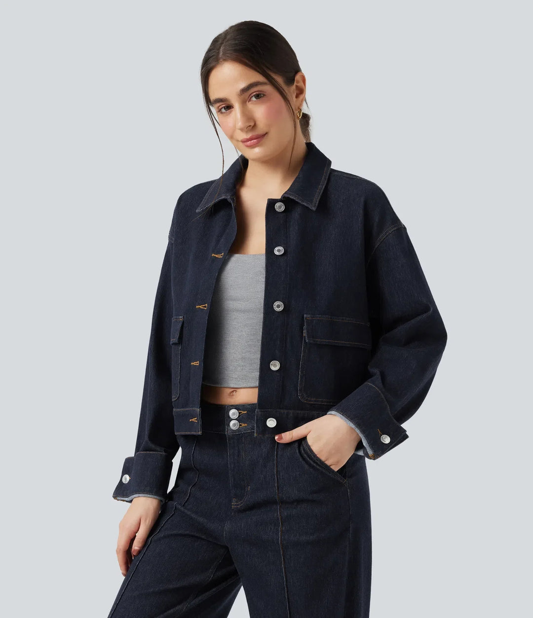 Lyckera Flex krage långärmad denim vardaglig jacka