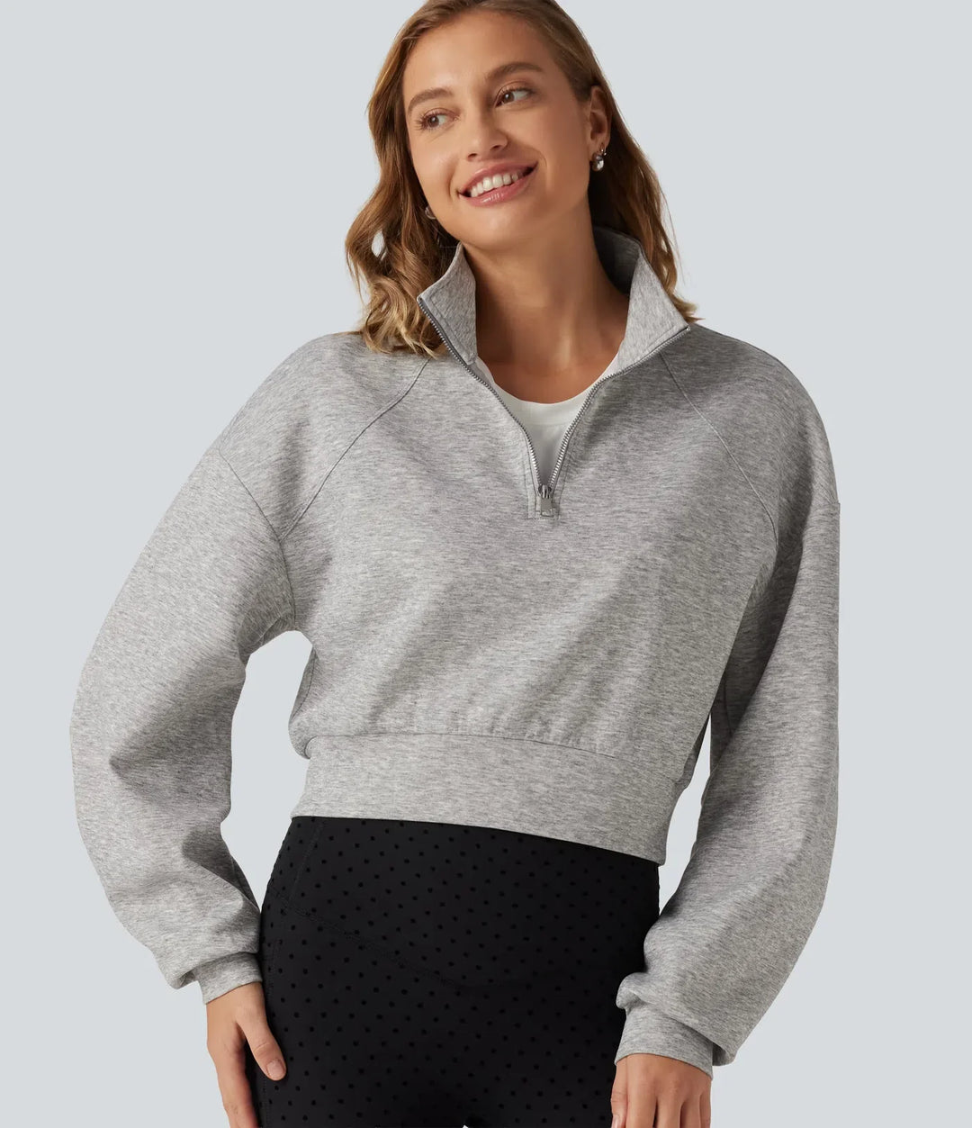Ståkrage halv-dragkedja lång raglanärm vardaglig croppad sweatshirt
