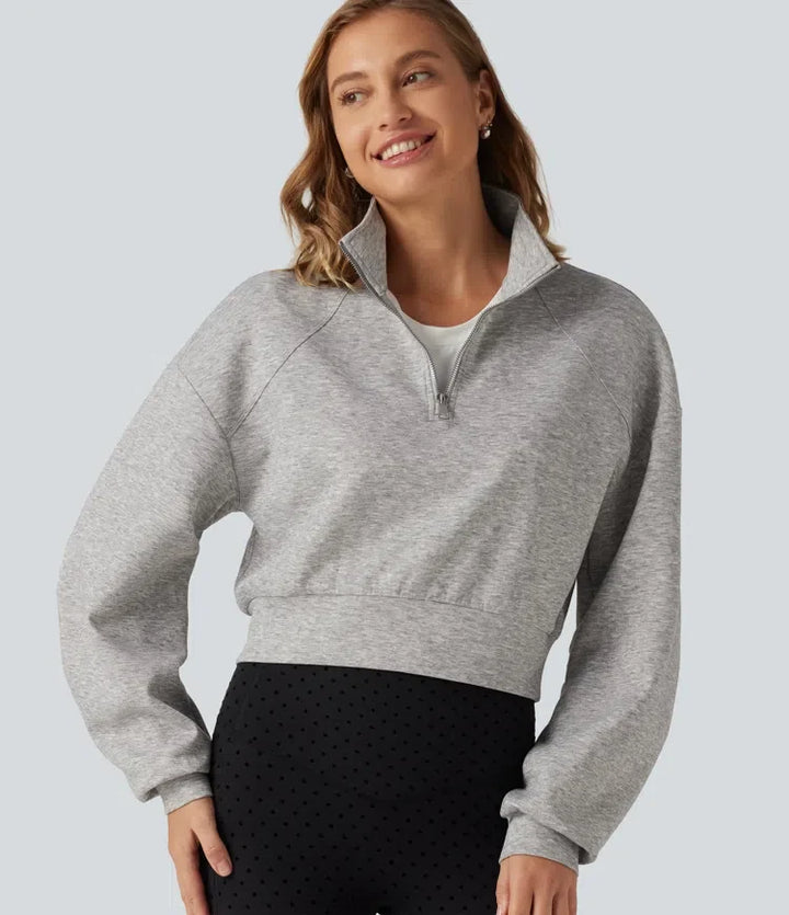 Ståkrage halv-dragkedja lång raglanärm vardaglig croppad sweatshirt