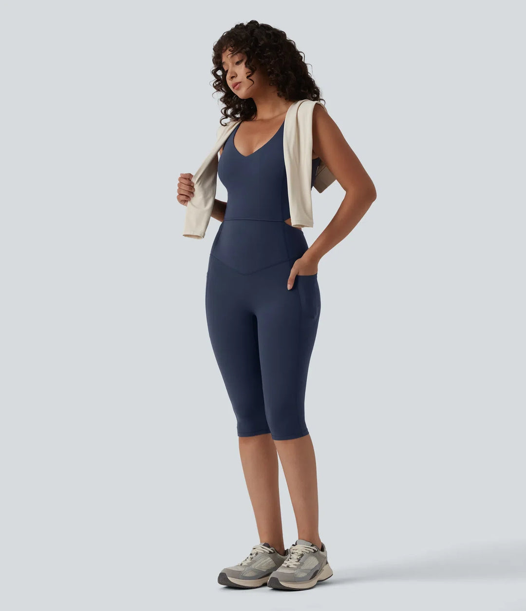 Lyckera UltraSculpt V-ringad magkontroll rumplyftande träning jumpsuit med fickor-Easy Peezy Edition