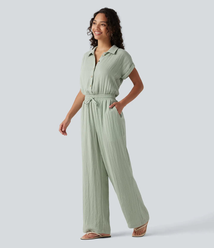 Kortärmad dragsko baggy vardaglig linnekänsla jumpsuit med fickor