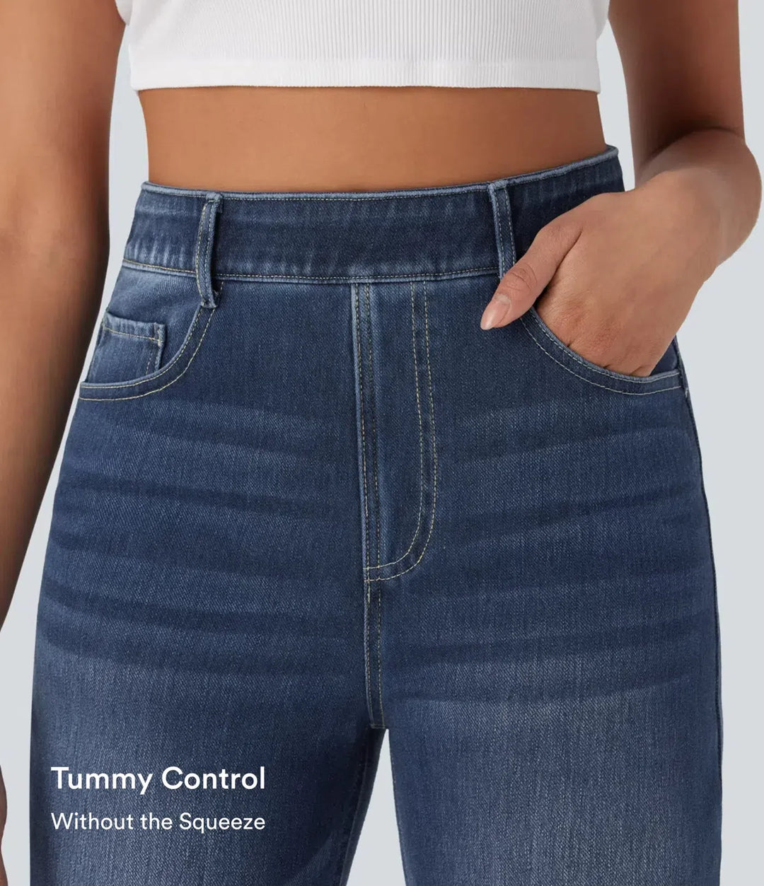 Halara Flex med hög midja, magkontroll och fickor raka ben tvättad vardagsjeans