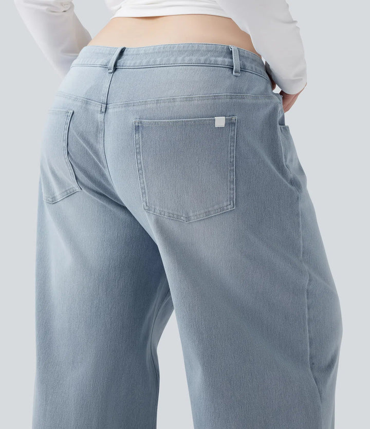 Plusstorlek Halara Flex asymmetrisk med låg midja vida ben tvättad vardagsjeans med fickor