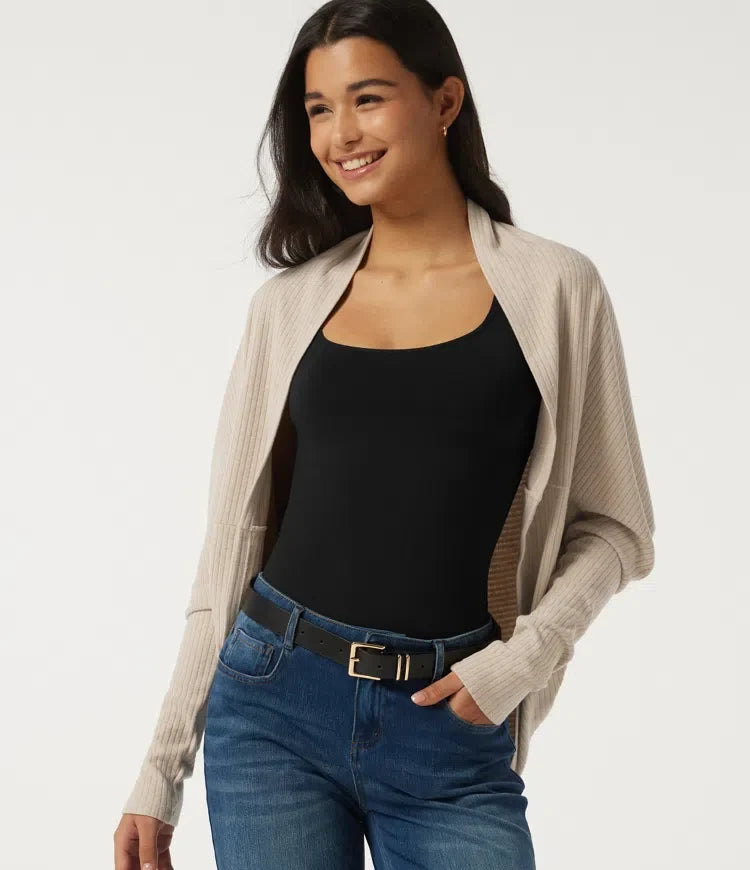 Ribbstickad lång fladdermusärm rundad fåll vardaglig cardigan