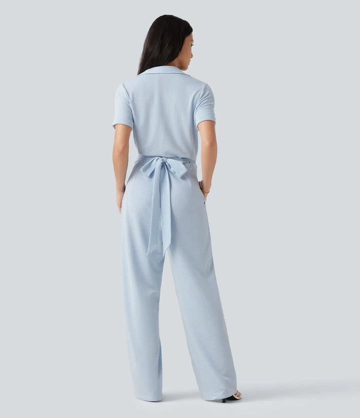 Kortärmad omlott knytning i ryggen randig skrynklad bomull vardaglig skjorta jumpsuit med fickor-Easy Peezy Edition