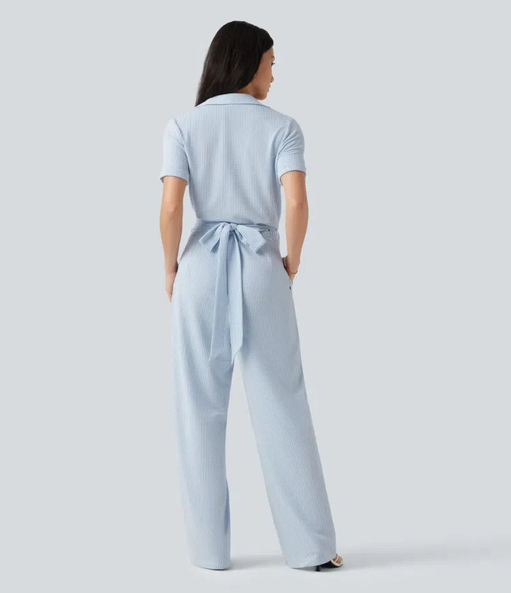 Kortärmad omlott knytning i ryggen randig skrynklad bomull vardaglig skjorta jumpsuit med fickor-Easy Peezy Edition