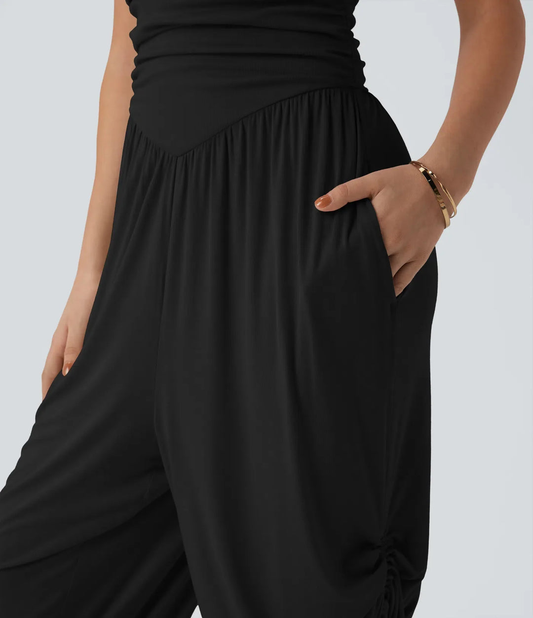 Ribbad halterneck knytning i ryggen dragsko resortjumpsuit med fickor