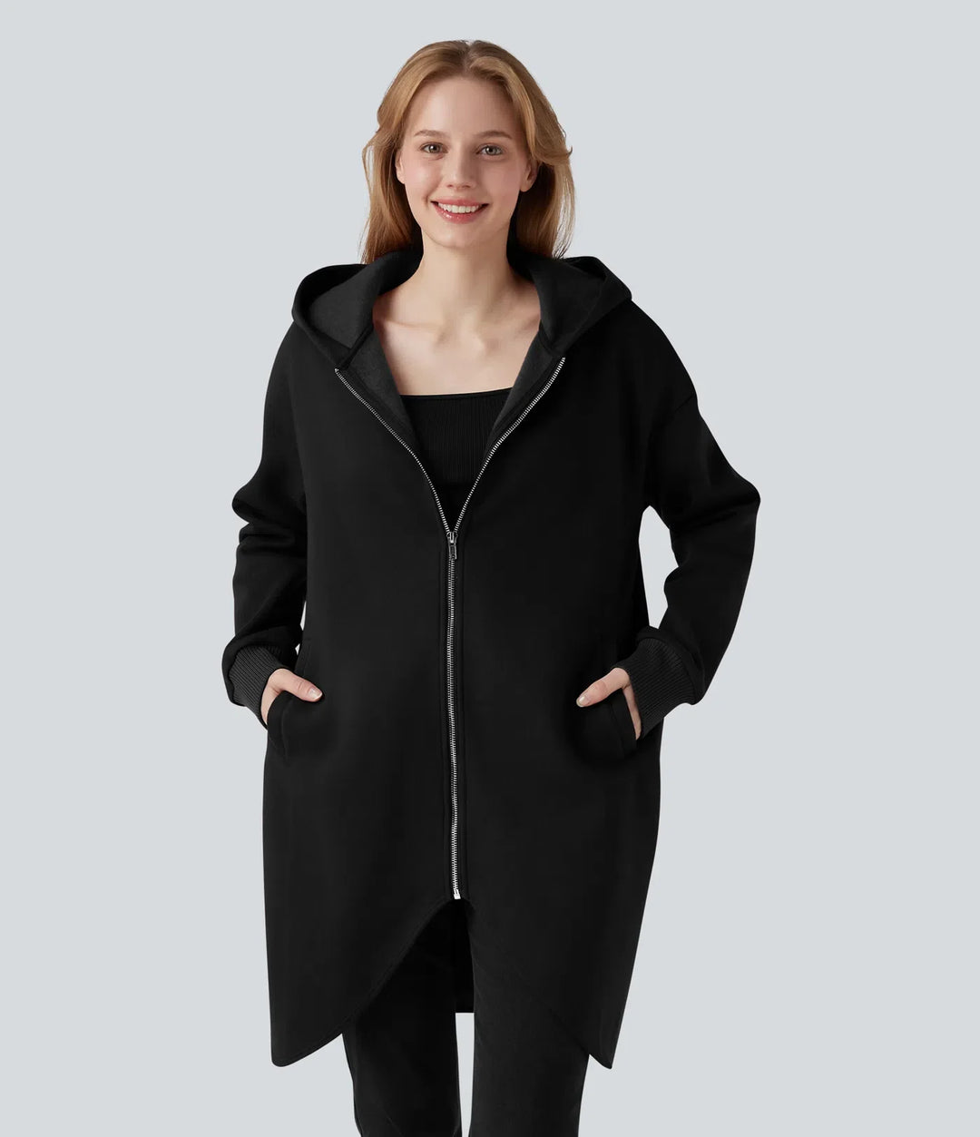 Med huva dragkedja långärmad rundad fåll lång modell vardaglig bomull sweatshirt med fickor