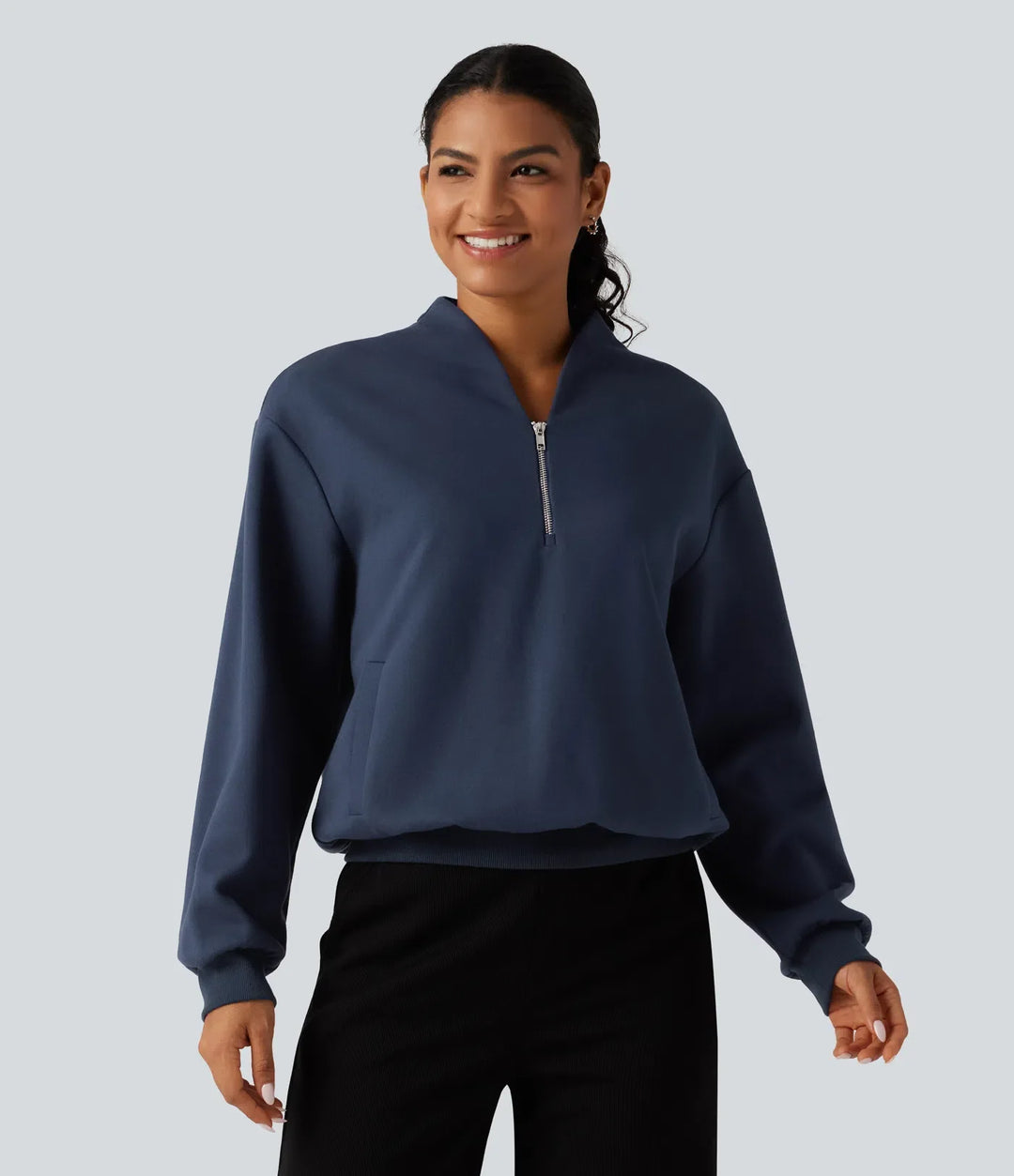 Ståkrage långärmad vardaglig bomull sweatshirt med fickor