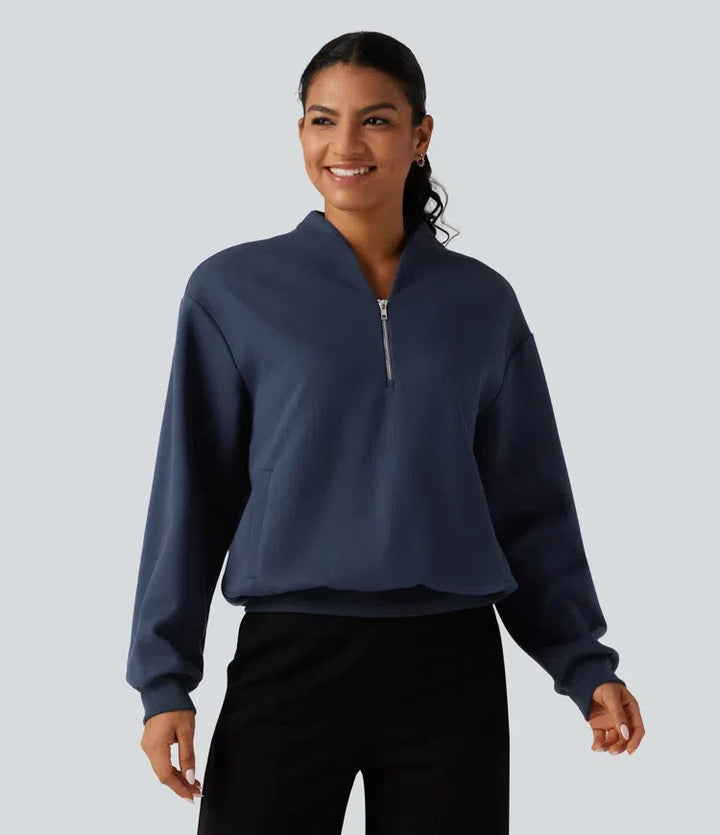 Ståkrage långärmad vardaglig bomull sweatshirt med fickor
