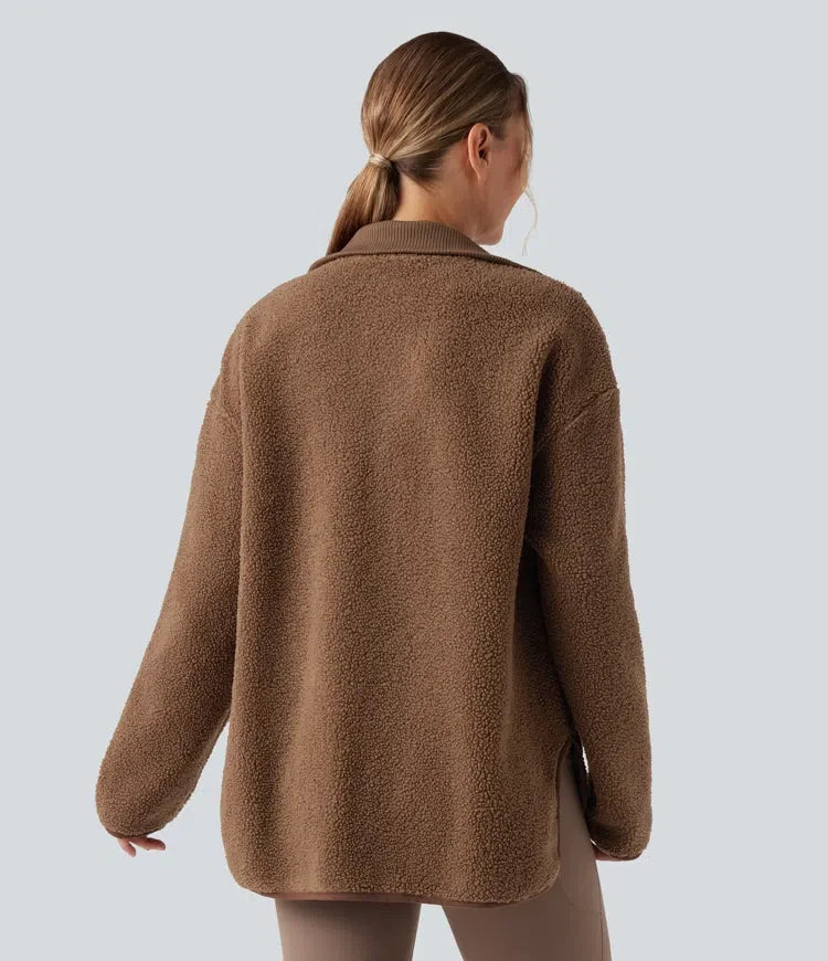 Långärmad hög-låg rundad fåll träning sherpajacka med fickor