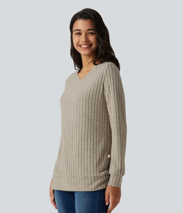 Ribbstickad V-ringad långärmad vardaglig T-shirt