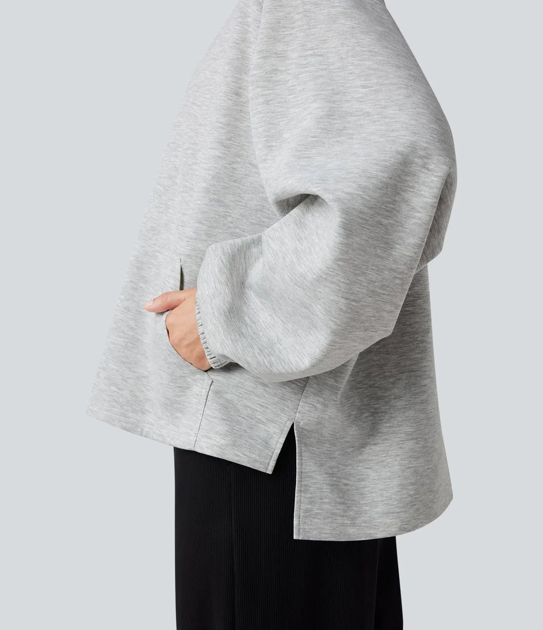 Halvpolo långärmad hög-låg vardaglig sweatshirt med ficka