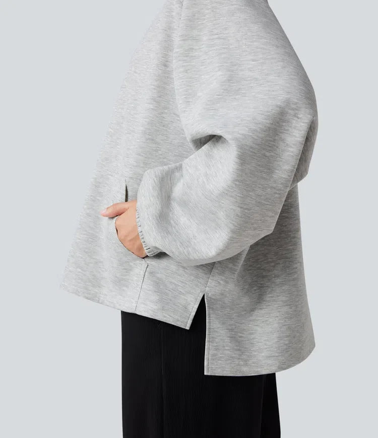 Halvpolo långärmad hög-låg vardaglig sweatshirt med ficka