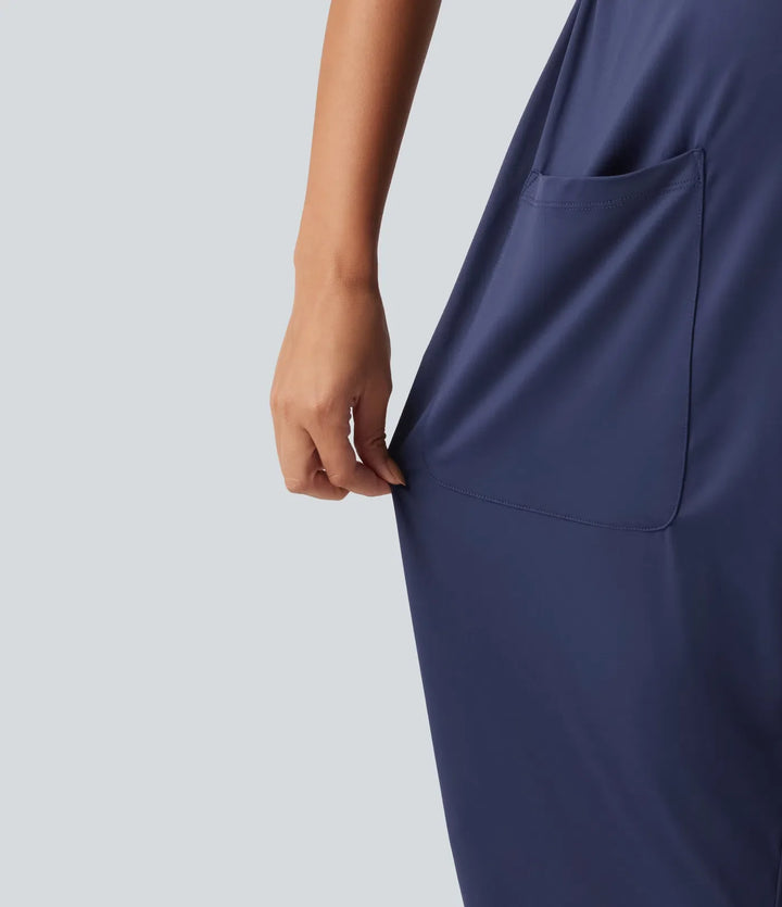 Fyrkantig halsringning avsmalnande vardaglig mamma jumpsuit med fickor
