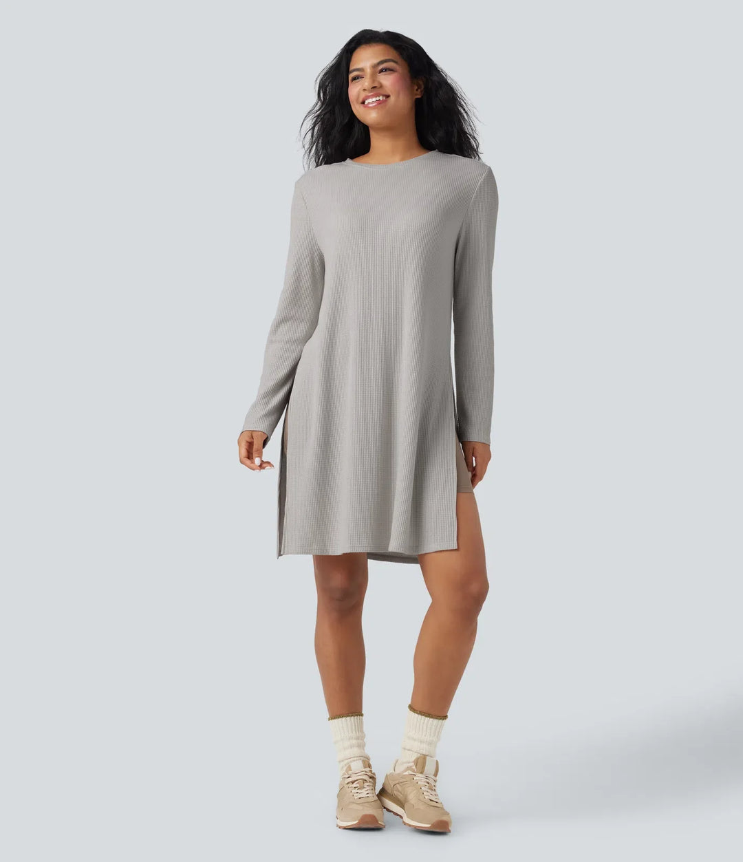 Rund hals långärmad lång modell våffelstruktur stickad vardaglig sweatshirt