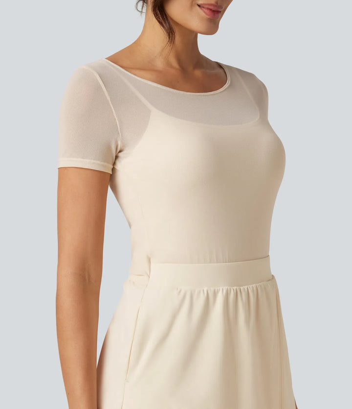 SoftlyZero mjuk plysch båtringad inbyggd BH kontrastmesh kortärmad fest playsuit med fickor-Easy Peezy Edition