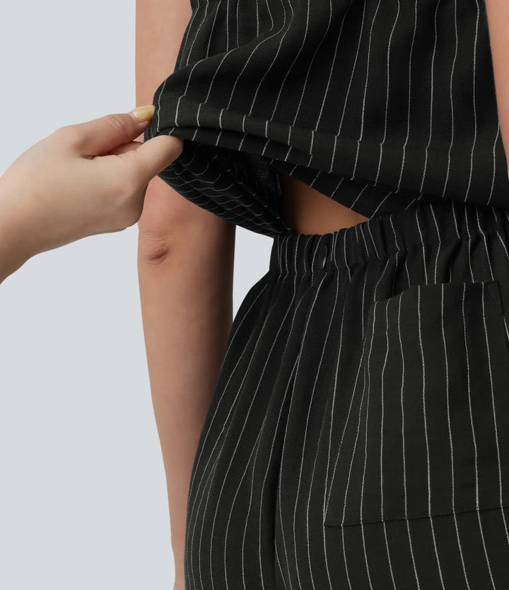 Fyrkantig halsringning justerbara axelband ärmlös bältad ränder vardaglig linnekänsla jumpsuit med fickor-Easy Peezy