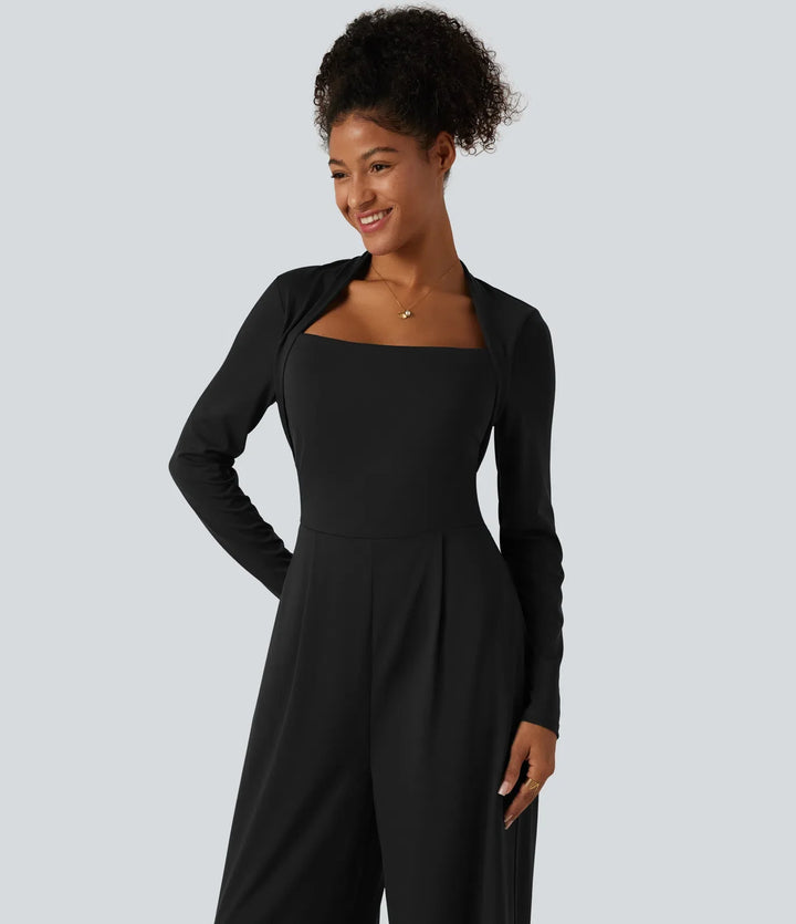 Långärmad inbyggd BH vida ben jumpsuit med fickor-Easy Peezy Edition DD-F-kupor